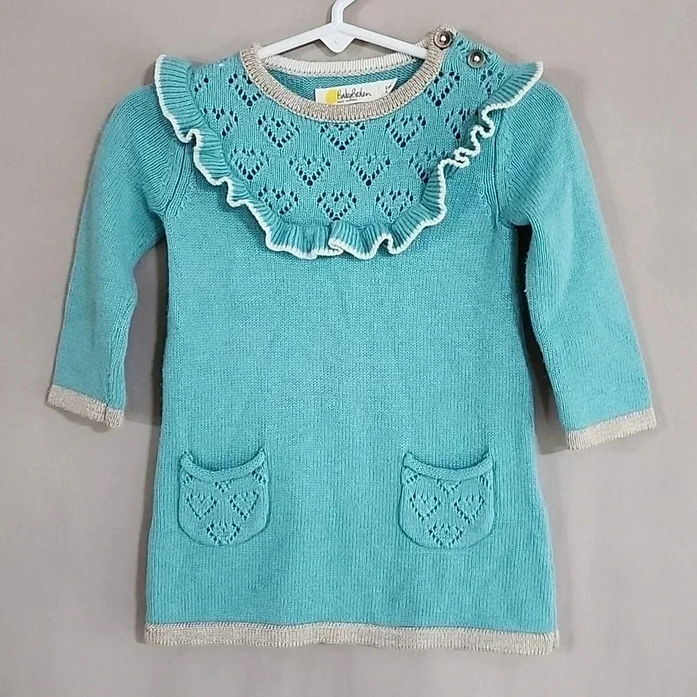 Baby Boden Blue Knit Ruffle Collar‎ Cashmere Blend Sweater Dress 3-6M Y0464